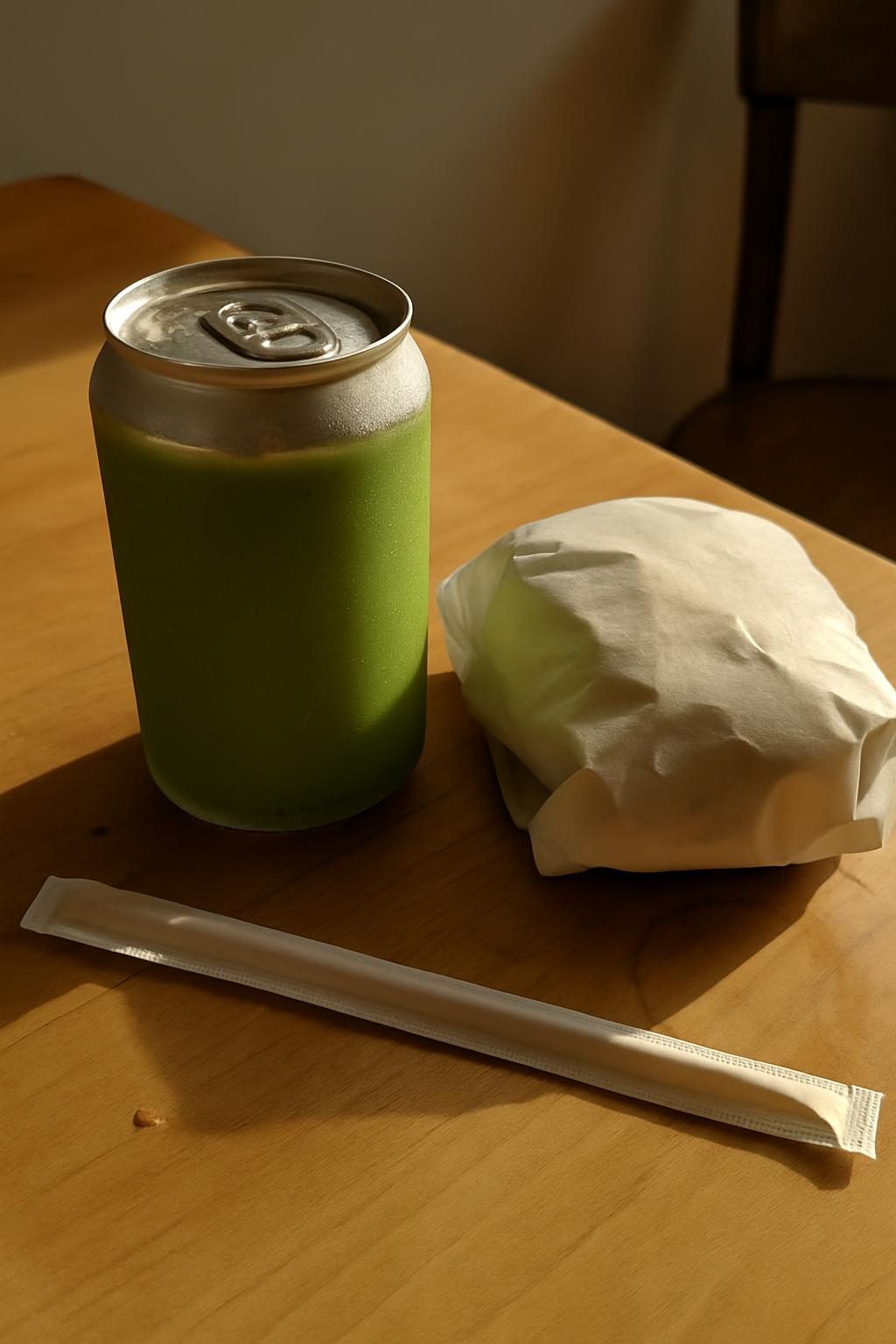A sealed take-away can of matcha and a wrapped ham and cheese sandwich on a plain wooden table in soft morning light