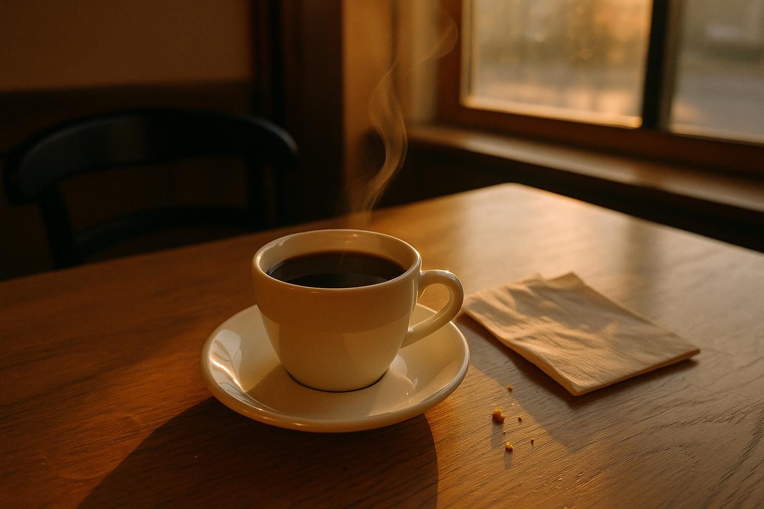 Low amber morning light falling across a coffee cup and saucer on a wooden table, steam catching the light