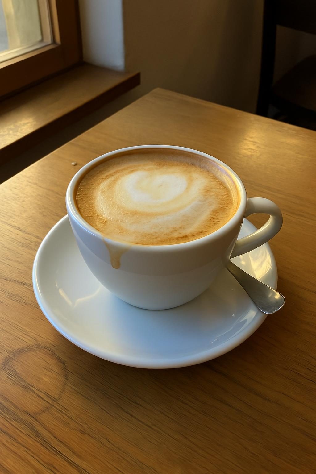 A cappuccino with foam catching morning light, on a plain table near a window